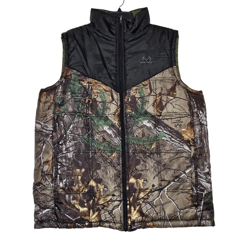Realtree Reversable Camo Puffer Vest Large Black Green Outdoor‎ Hunting Gear